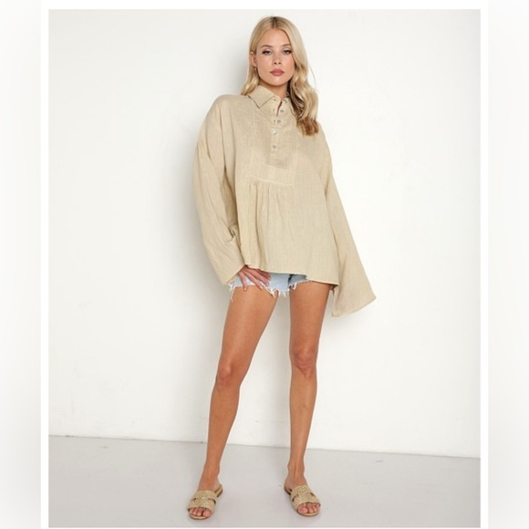 Kinga Csilla Mabel Blouse Oversized 100% Linen Shirt Sandstone Size Large - Picture 3 of 12